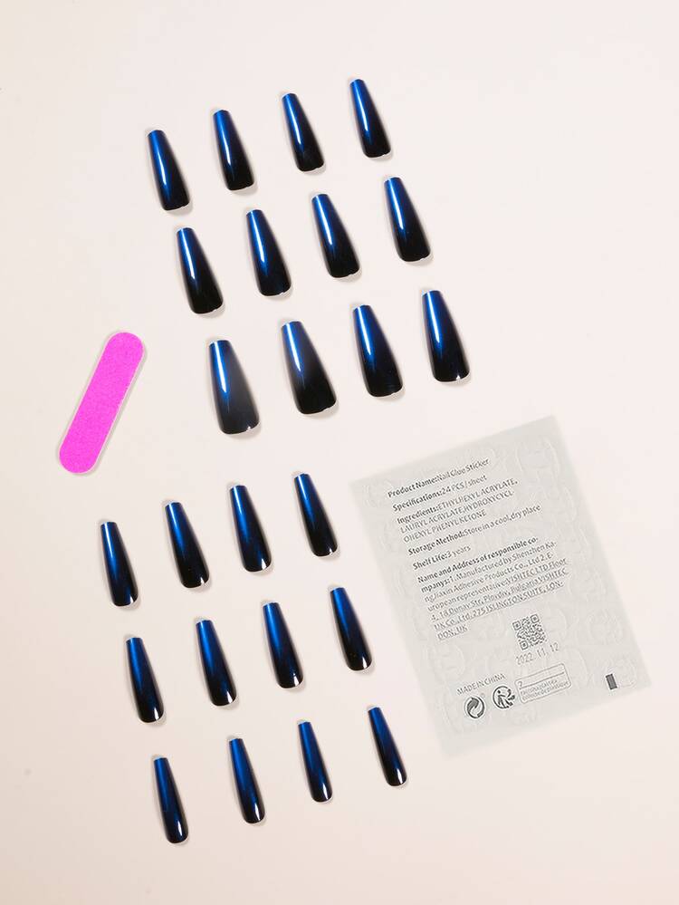24pcs Long Coffin Fake Nail & 1pc Nail File & 1sheet Tape Press On Nails