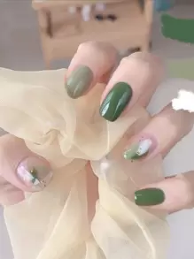 24pcs Short Square Fake Nail & 1pc Nail File & 1sheet Tape - Green - View 1