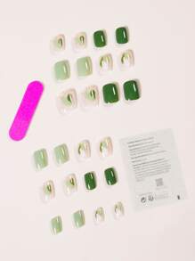 24pcs Short Square Fake Nail & 1pc Nail File & 1sheet Tape - Green - View 2