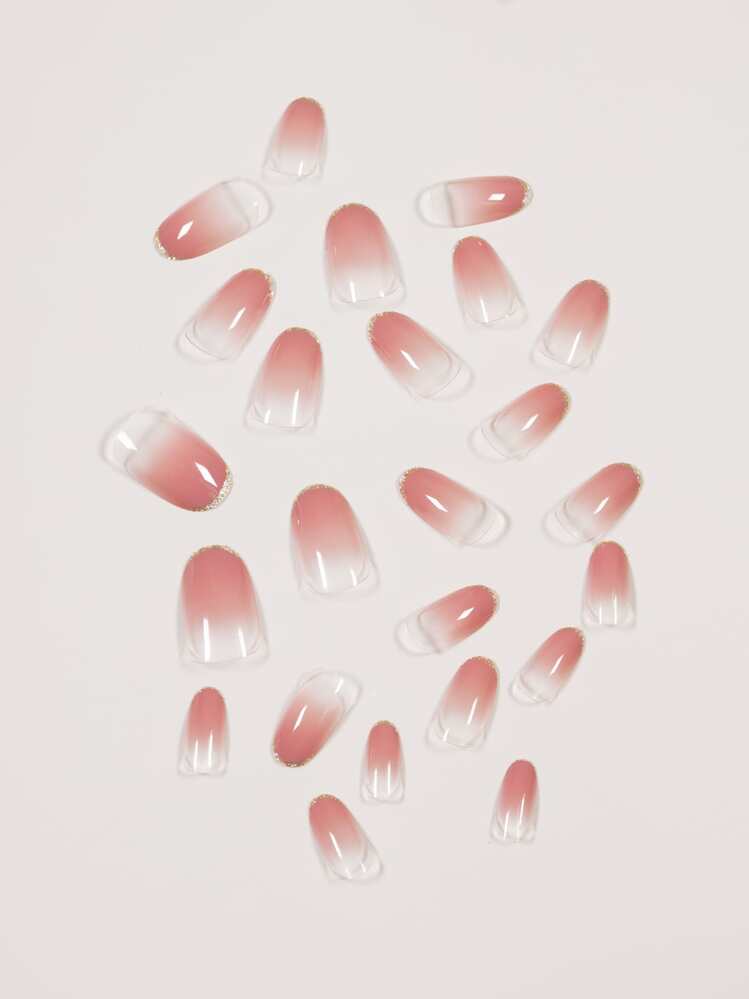 24 件法式短椭圆形指甲粉色渐变闪光按压指甲水晶指甲假指甲美甲套装可拆卸全覆盖持久耐用包括 1 片粘性标签和 1 个迷你锉刀非常适合日常佩戴美甲用品指甲 - 粉色 - 查看 4