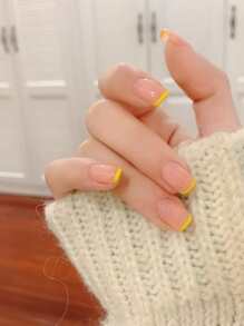 24pcs Short Square Fake Nail & 1pc Nail File & 1sheet Tape - Yellow - View 1