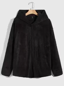 GENTILAND Loose Fit Men's Drop Shoulder Hooded Teddy Jacket - Black - View 1