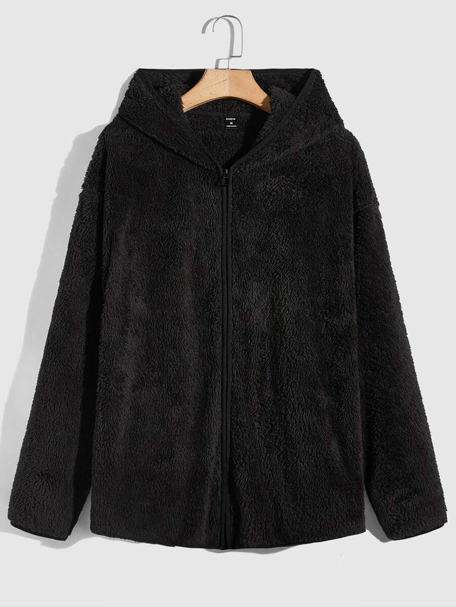 GENTILAND Loose Fit Men's Drop Shoulder Hooded Teddy Jacket - Black - View 1