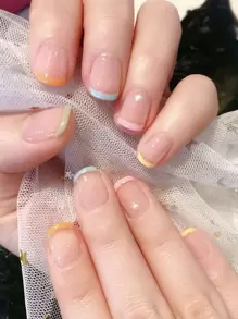 24pcs Short Square Fake Nail & 1pc Nail File & 1sheet Tape Press On Nails Nail Supplies - Multicolor - View 1