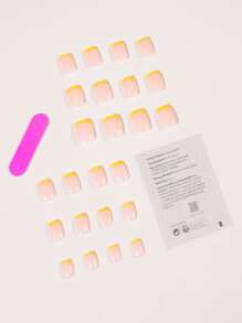 24pcs Short Square Fake Nail & 1pc Nail File & 1sheet Tape - Yellow - View 2