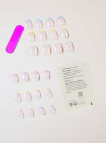 24pcs Short Square Fake Nail & 1pc Nail File & 1sheet Tape Press On Nails Nail Supplies - Multicolor - View 2