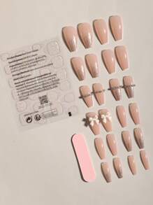 Transform Your Nails With 24pcs Long Coffin Glitter Rhinestone 3D Bow Decor Fake Nail & 1pc Nail File & 1sheet Tape Press On Nails Nail Supplies - Clear - View 2