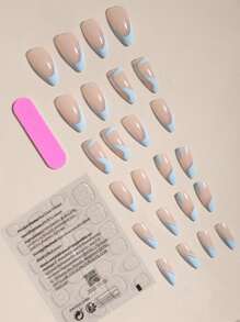 Mejore su aspecto con 24 uñas postizas cortas de almendra azul cielo con rayas francesas y 1 lima de uñas y 1 hoja de cinta - Celeste - Ver 2