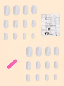 prettysecrets 24pcs Short Oval Fake Nail & 1pc Nail File & 1sheet Tape - White - View 2