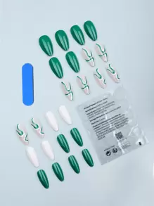 Transform Your Nails With, 24pcs Y2K Style Long Almond Fake Nail, White & Green Color Cute Stripe, Light Weight & Fit Perfectly, Detachable Stick On Nail Kit, For Women & Girl Press On Nails Nail Supplies - Green - View 2