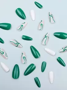 Transform Your Nails With, 24pcs Y2K Style Long Almond Fake Nail, White & Green Color Cute Stripe, Light Weight & Fit Perfectly, Detachable Stick On Nail Kit, For Women & Girl Press On Nails Nail Supplies - Green - View 3