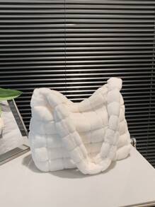 Minimalist Fuzzy Hobo Bag Large Capacity Plush Hobo Bag Solid Color Casual Handbag Fluffy Plaid Pattern Handbag for Winter - White - View 1