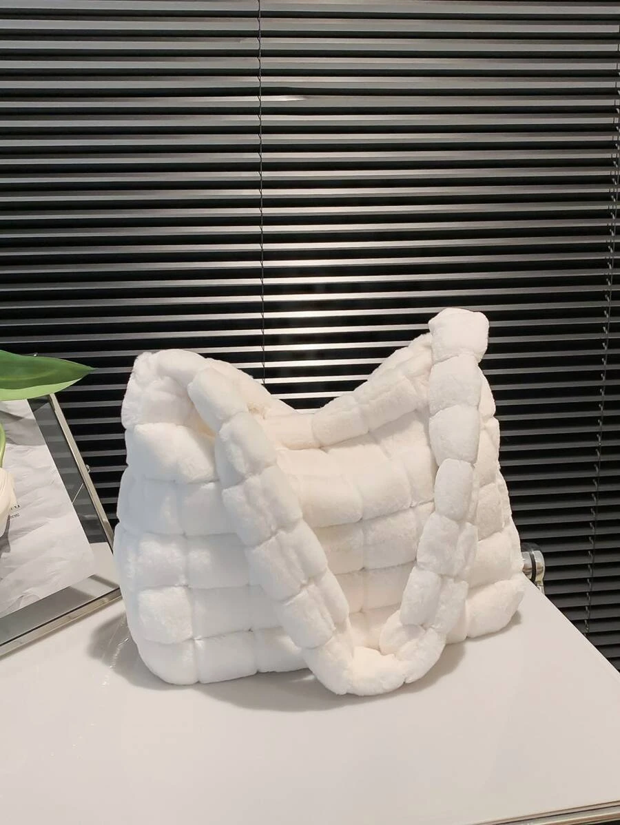 Minimalist Fuzzy Hobo Bag Large Capacity Plush Hobo Bag Solid Color Casual Handbag Fluffy Plaid Pattern Handbag for Winter - White - View 1