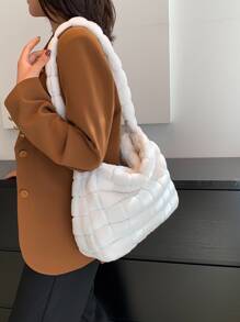 Minimalist Fuzzy Hobo Bag Large Capacity Plush Hobo Bag Solid Color Casual Handbag Fluffy Plaid Pattern Handbag for Winter - White - View 2