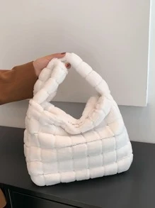 Minimalist Fuzzy Hobo Bag Large Capacity Plush Hobo Bag Solid Color Casual Handbag Fluffy Plaid Pattern Handbag for Winter - White - View 3