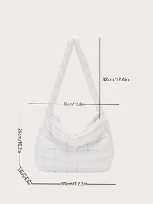 Minimalist Fuzzy Hobo Bag Large Capacity Plush Hobo Bag Solid Color Casual Handbag Fluffy Plaid Pattern Handbag for Winter - White - View 5
