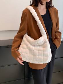 Minimalist Fuzzy Hobo Bag Large Capacity Plush Hobo Bag Solid Color Casual Handbag Fluffy Plaid Pattern Handbag for Winter - White - View 7