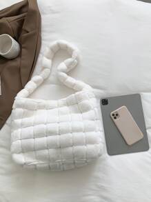 Minimalist Fuzzy Hobo Bag Large Capacity Plush Hobo Bag Solid Color Casual Handbag Fluffy Plaid Pattern Handbag for Winter - White - View 8