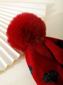 Gorro con patrón de corazón con diseño de pompón - Multicolor - Ver 4