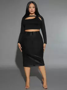 SHEIN SXY 高腰分叉後裙 - 黑色 - 查看 3