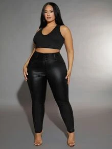 SHEIN SXY Plus High Waist Skinny Solid Pants, For Women Spring Summer - Black - View 4