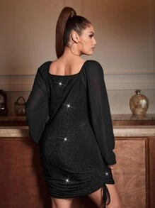 SHEIN SXY Đầm Plus Size Dây kéo Xù màu trơn Buổi tiệc - màu đen - Xem 2