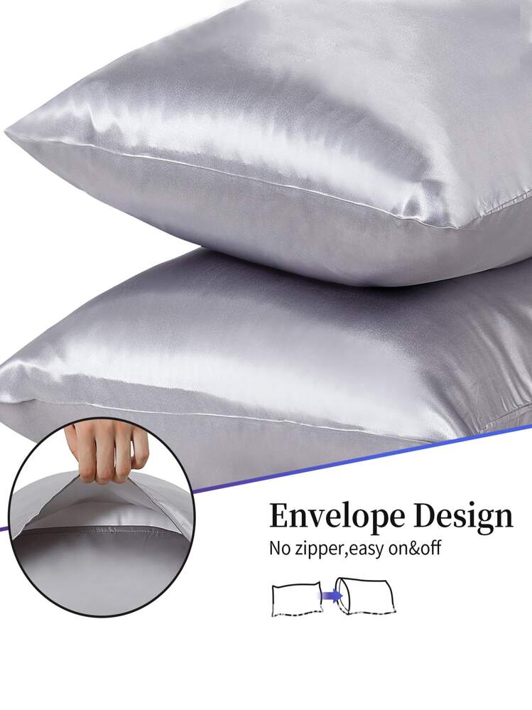 1pc Satin Solid Color Pillowcase,Soft Pillow Cover With Envelope Closure For Bedroom,Bedding Supplies - Grey - View 3