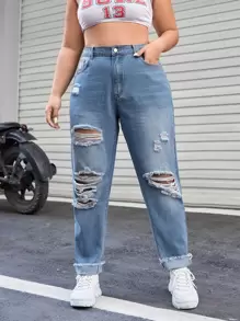 CovetEZ Plus Ripped Raw Hem Mom Fit Jeans - Light Wash - View 1