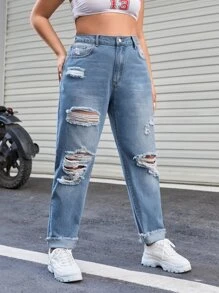 CovetEZ Plus Ripped Raw Hem Mom Fit Jeans - Light Wash - View 3