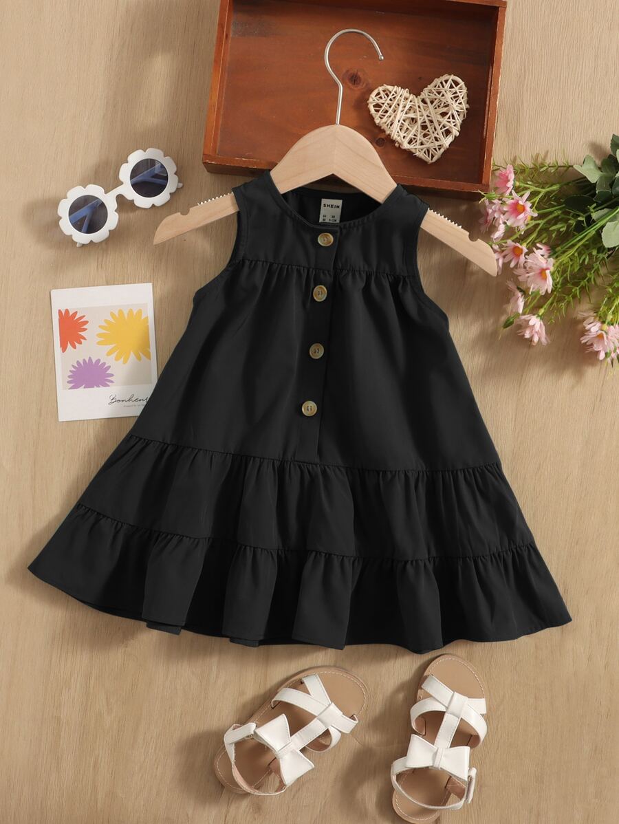 SHEIN Baby Girl Buttoned Ruffle Trim Dress, Comfortable & Lovely & Sweet, Suitable For Summer - Black - View 1