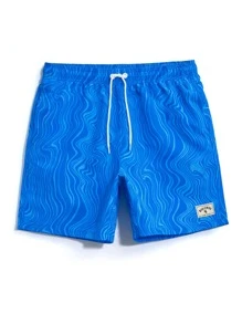 Zalmeno Men Wave Striped Patched Detail Drawstring Waist Swim Trunks,Hawaiian - Blue - View 3