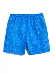 Zalmeno Men Wave Striped Patched Detail Drawstring Waist Swim Trunks,Hawaiian - Blue - View 4