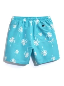 Surfspeed 男士棕櫚樹印花字母補丁細節腰部抽繩泳褲 - 薄荷藍 - 查看 3