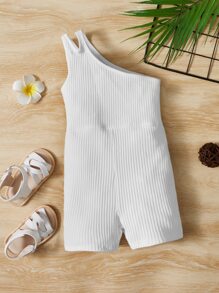 SHEIN Baby Cut Out One Shoulder Ribbed Knit Romper - White - View 1