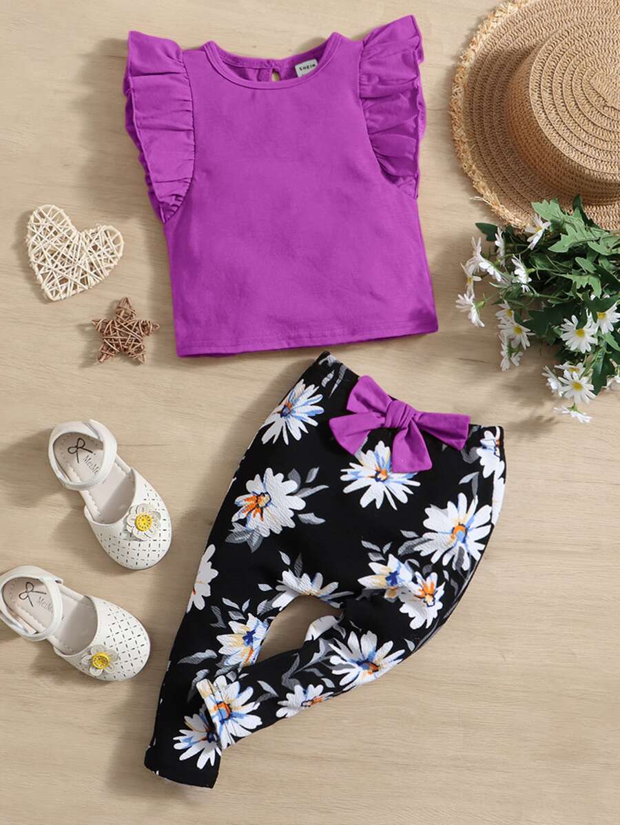 SHEIN Bộ đồ Em bé Nơ Bướm Nút Xù Hoa - Nhiều màu - Xem 1