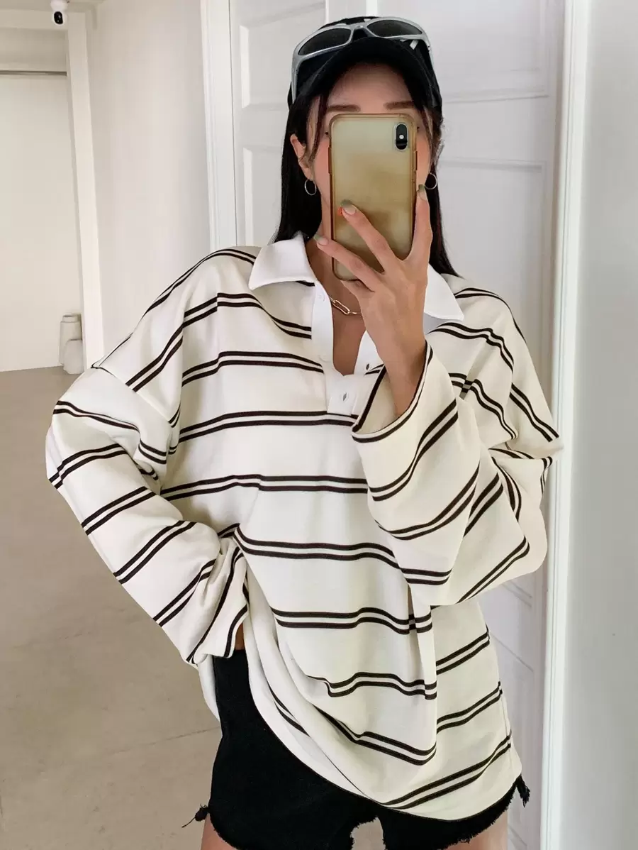 DAZY Women Casual Loose Colorblock Stripe T-Shirt, Spring & Autumn Long Sleeve Women Tops,Fall Women Clothes - Black and White - View 1
