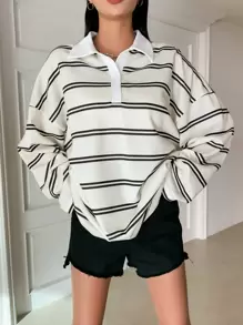 DAZY Women Casual Loose Colorblock Stripe T-Shirt, Spring & Autumn Long Sleeve Women Tops,Fall Women Clothes - Black and White - View 3