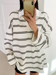 DAZY Women Casual Loose Colorblock Stripe T-Shirt, Spring & Autumn Long Sleeve Women Tops,Fall Women Clothes - Black and White - View 5