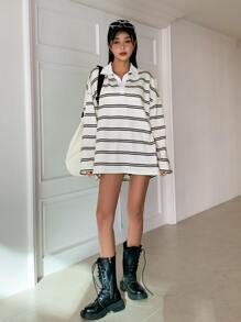 DAZY Women Casual Loose Colorblock Stripe T-Shirt, Spring & Autumn Long Sleeve Women Tops,Fall Women Clothes - Black and White - View 6