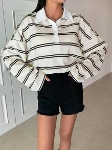 DAZY Women Casual Loose Colorblock Stripe T-Shirt, Spring & Autumn Long Sleeve Women Tops,Fall Women Clothes - Black and White - View 7