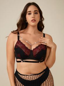 Plus Floral Lace Chain Detail Underwire Bra - Black - View 1