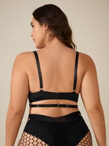 Plus Floral Lace Chain Detail Underwire Bra - Black - View 2