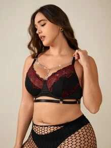 Plus Floral Lace Chain Detail Underwire Bra - Black - View 3