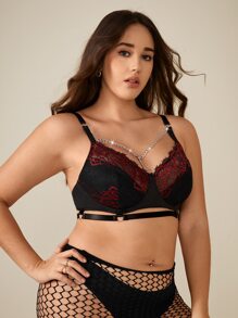 Plus Floral Lace Chain Detail Underwire Bra - Black - View 4