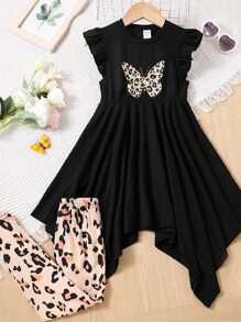 Young Girl Butterfly Print Ruffle Trim Asymmetrical Hem Dress & Leopard Print Leggings - Multicolor - View 1