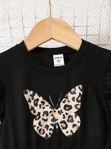 Young Girl Butterfly Print Ruffle Trim Asymmetrical Hem Dress & Leopard Print Leggings - Multicolor - View 3