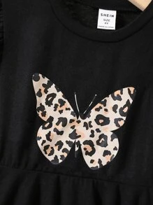 Young Girl Butterfly Print Ruffle Trim Asymmetrical Hem Dress & Leopard Print Leggings - Multicolor - View 4