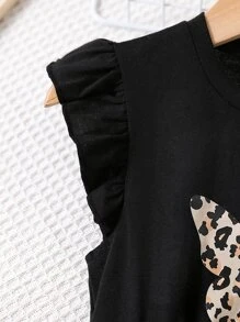 Young Girl Butterfly Print Ruffle Trim Asymmetrical Hem Dress & Leopard Print Leggings - Multicolor - View 5