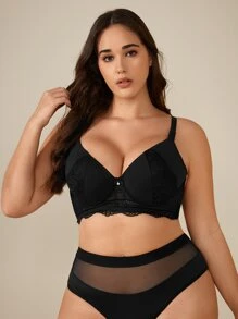 Plus Contrast Mesh Lace Trim Underwire Bra - Black - View 1