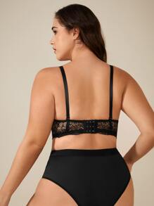Plus Contrast Mesh Lace Trim Underwire Bra - Black - View 2